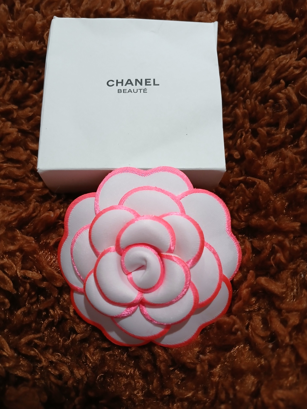 CHANEL Pink-Edged Satin Camellia Pin